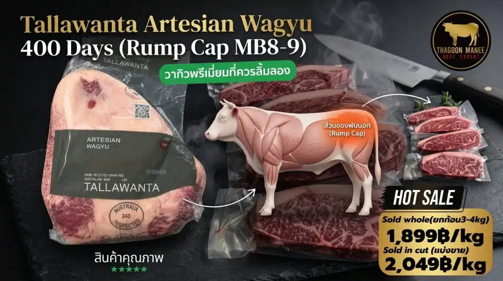 เนื้อวากิว Tallawanta MB8-9 Rump Cap ขุน 400 วัน ระดับพรีเมียม